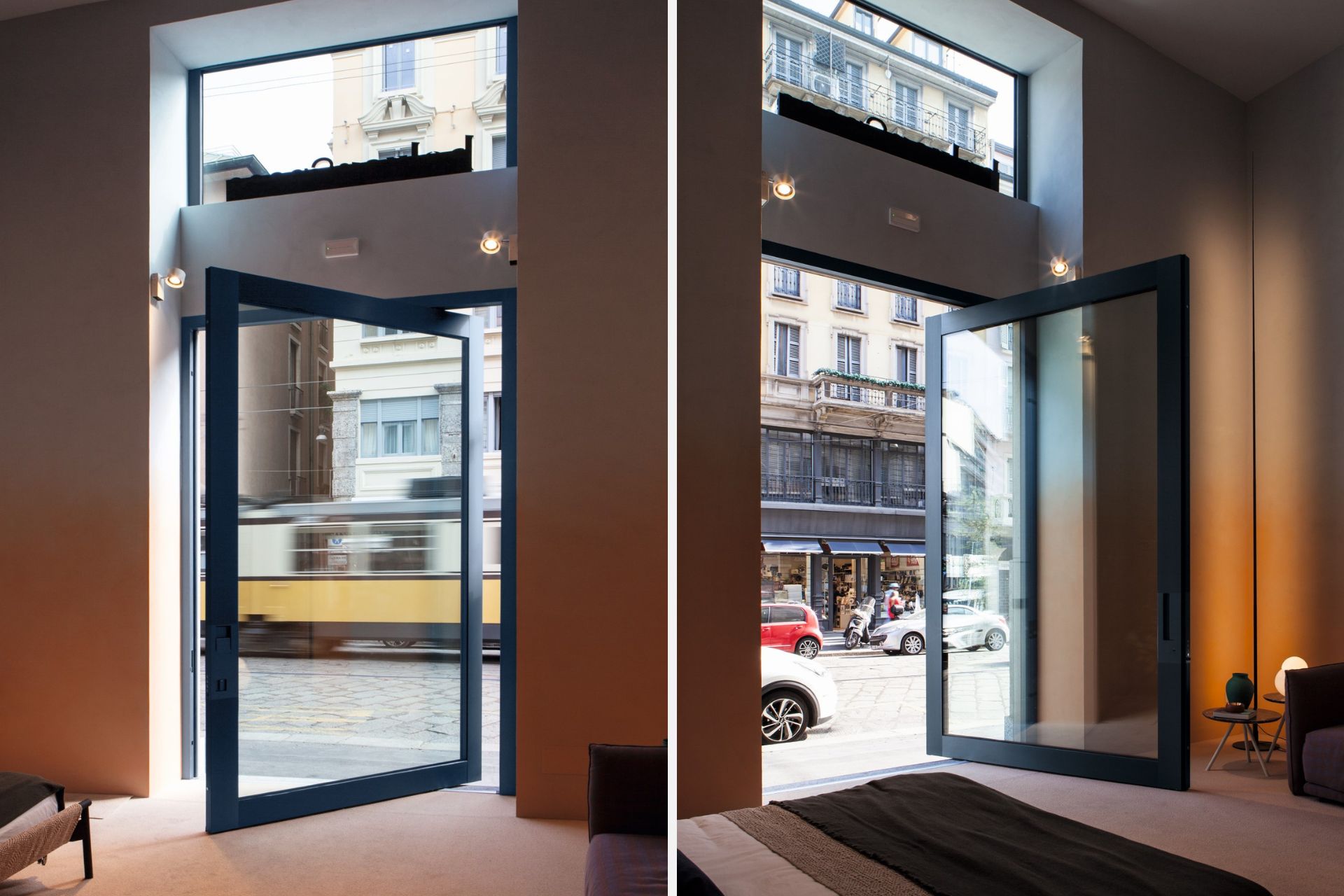 Projet de design avec porte pivotante en verre à Milan – Espace commercial - Oikos